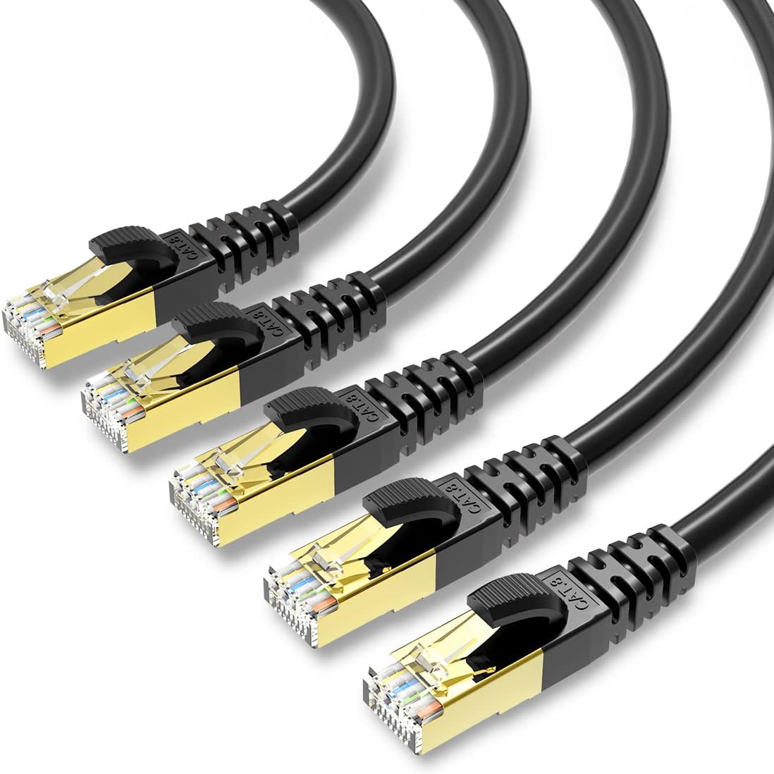 CAT 8 Ethernet Cable Shielded SFTP Internet Network Patch Cord, Heavy Duty High Speed LAN Cables w Gold Plated RJ45 Connector Professional for Router, Modem, Gaming, Xbox (6 Feet, 5 Pack Black)