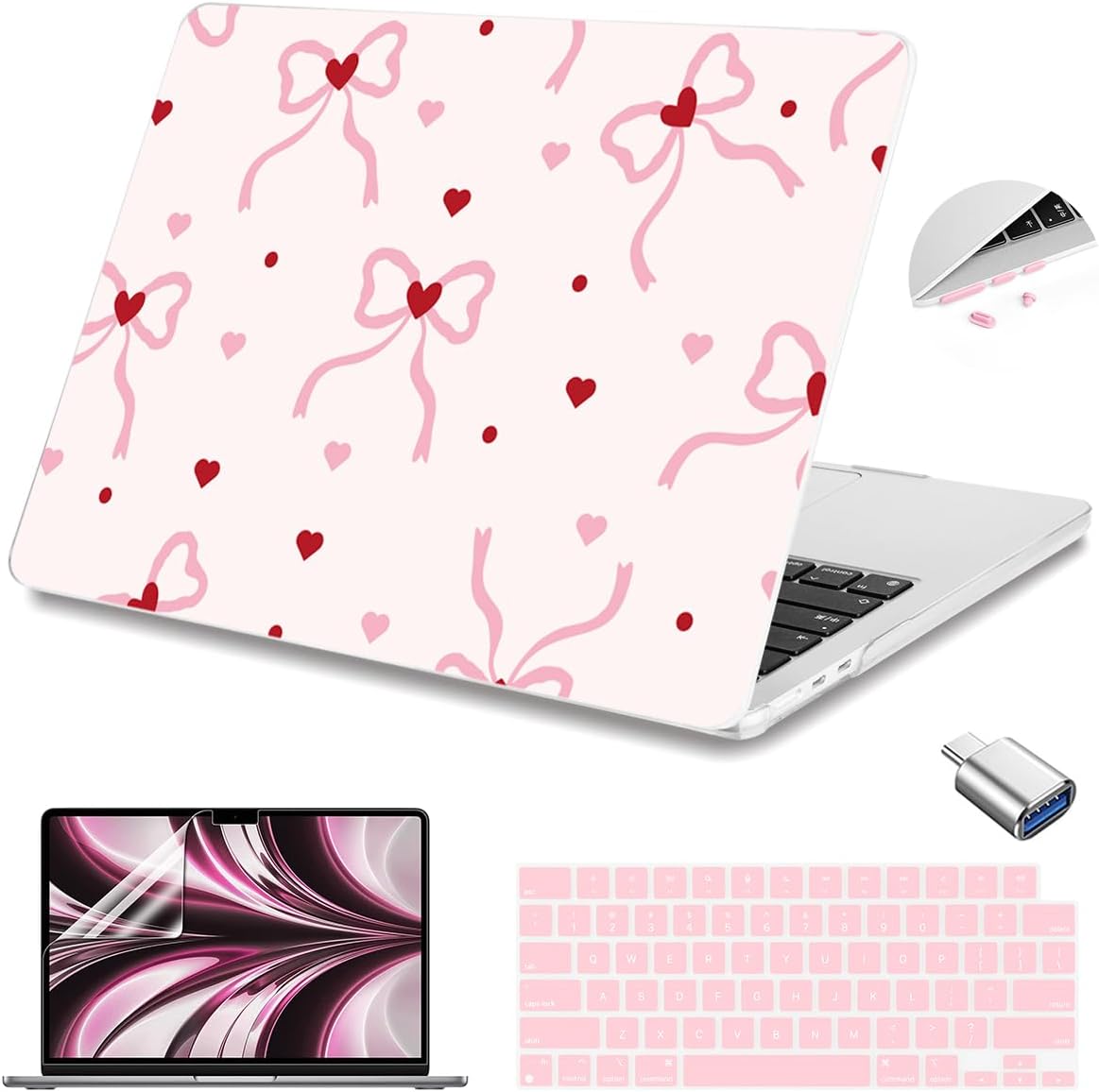 Teryeefi Compatible with MacBook Air 13 inch Case 2025-2022 M4 A3240 M3 A3113 M2 A2681, Plastic Garden Flowers Hard Shell&Keyboard Cover&Screen Film for MacBook Air 13.6 inch, Elegant Pink Bows A011
