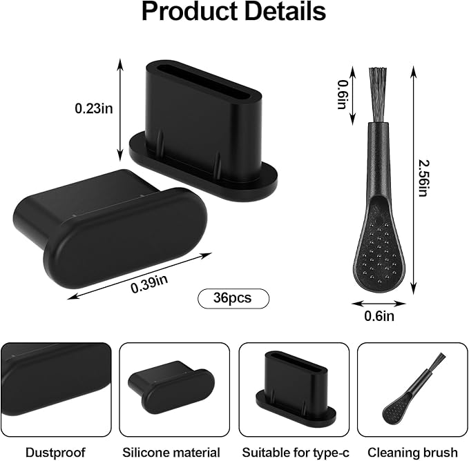 USB C Dust Plugs [36-Pack] -Anti Dust Plug Cover Charging Silicone Port Covers with Cleaning Brush Universal Type-C Protector for All USB C Devices