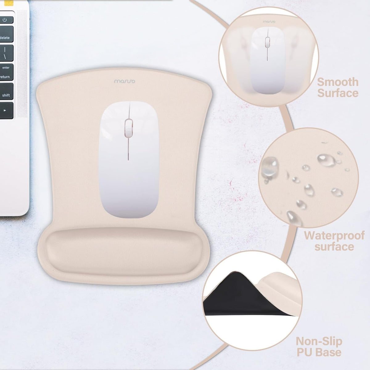 MOSISO Wrist Rest Support for Mouse Pad & Keyboard Set, Ergonomic Mousepad Non-Slip Base Home/Office Pain Relief & Easy Typing Cushion with Neoprene Cloth & Raised Memory Foam, Apricot
