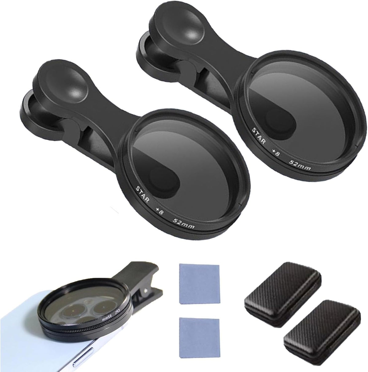 52mm Clip-On Cpl Phone Camera Lens Filter Kit, Circular Polarizer Polarizing Filter Compatible with Most Cell Phones, Cell Phone Lens Polarizing Filter for Iphone with Cleaning Cloth and Case Box(2pcs