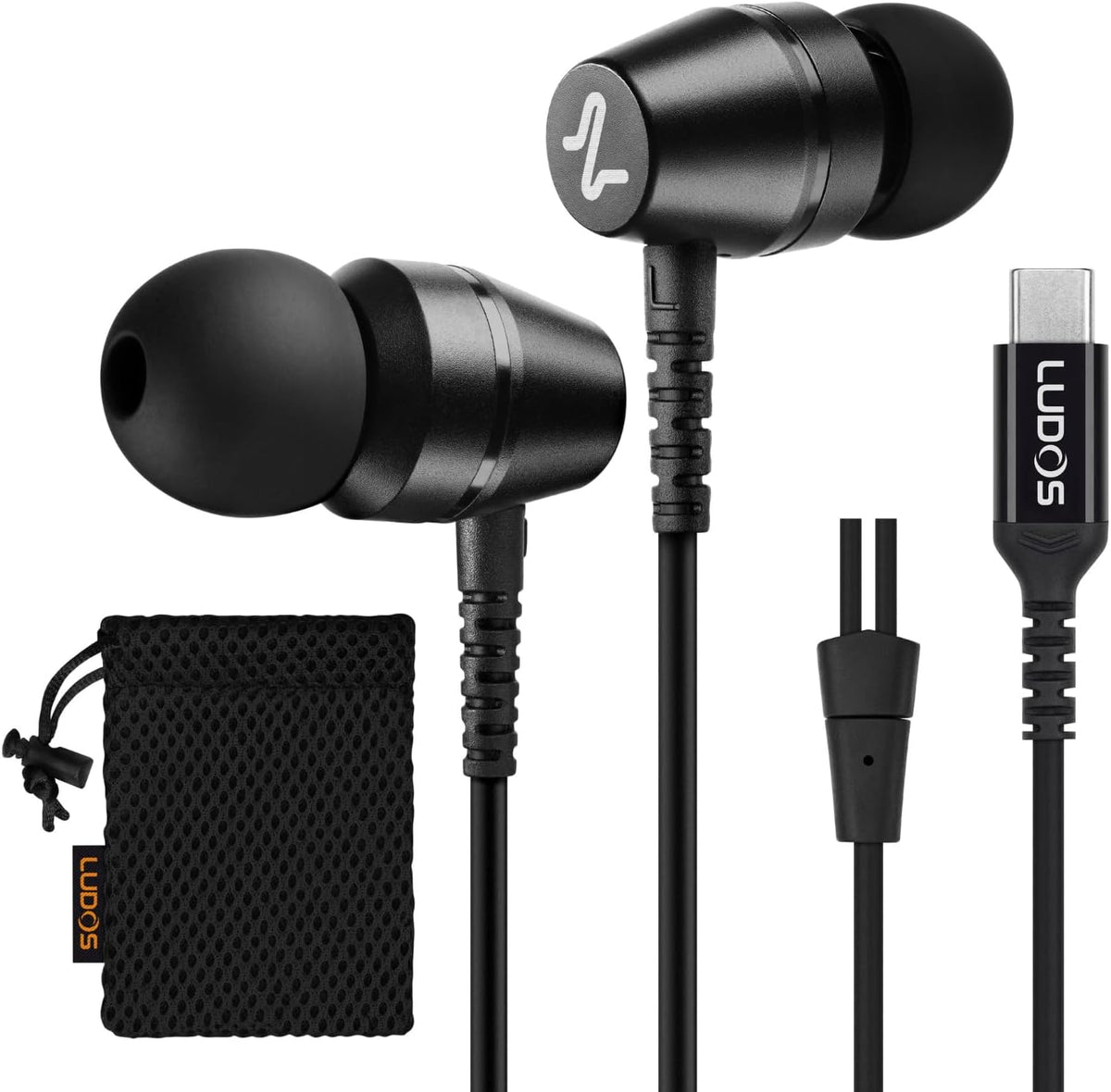LUDOS OMNITONE USB C Headphones for iPhone 16 15 Pro Max Plus iPad Pro, 5 Years Warranty, USB-C Earbuds for Samsung Galaxy S24 S23 Ultra S22 S21 FE S20 A55 A54 A53, USB Type C Earphones - Black