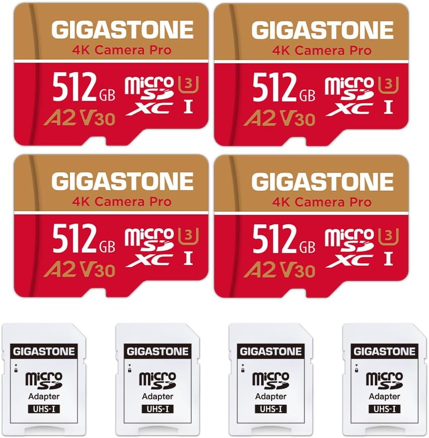 [5-Yrs Free Data Recovery] GIGASTONE 512GB Micro SD Card 4-Pack, 4K Camera Pro, A2 V30 Compatible with Gopro, Dash Cam, DJI, Drone, Security Camera, Speed Up to 100MB/s, UHS-I U3 C10, with Adapter