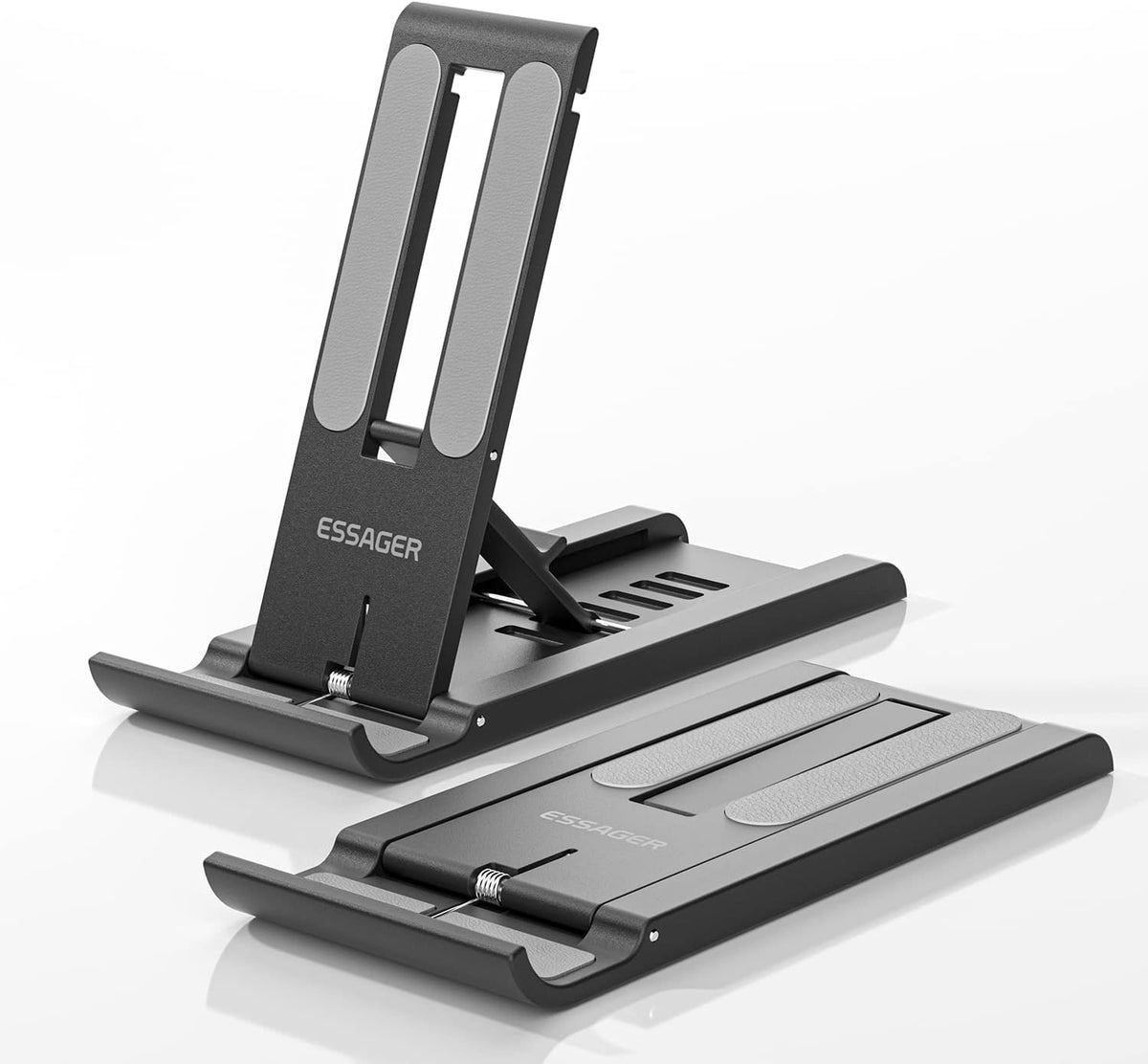 ESSAGER 2 Pack Foldable Mini Cell Phone Stand, Adjustable Mobile Phone Holder for Desk Compatible with iPhone/Kindles/Smartphones (Black)