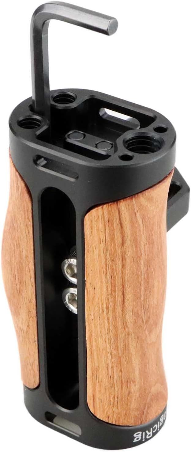 Side Handle Wooden Handgrip with Two 1/4"-20 Screws for DSLR Camera Vlog Camera Cage, Portable Mini Handle for Left/Right Hand with Cold Shoe 1/4" 3/8" ARRI Thread, Up and Down Adjustable