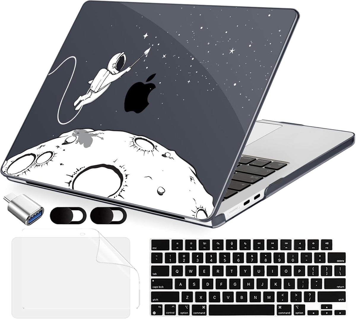 Compatible with MacBook Air 13.6 inch Case, M4 A3240/M3 A3113/M2 A2681 (Released 2025 to 2022), Hard Shell, Keyboard Cover, Screen Protector, Webcam Cover & Type-C Adapter, Astronauts Stars