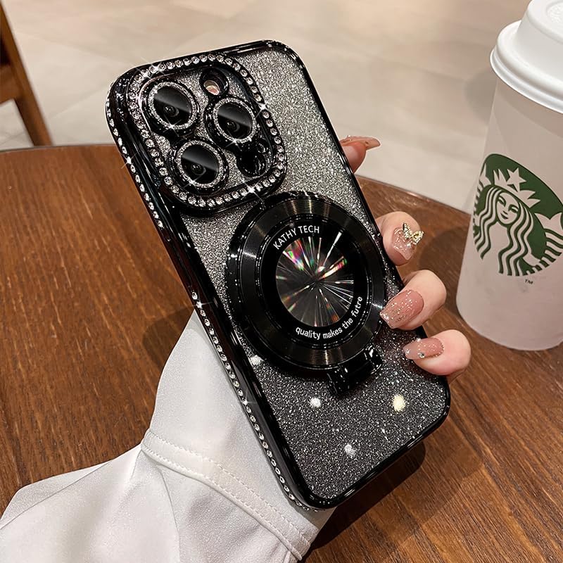 Magnetic Kickstand (Glitter Lens Protector ) Case for iPhone 15 14 13 12 Pro Max (Compatible with Magsafe ) Sparkling Diamond Cover Glitter Shiny Rhinestone Cases (Black,for iPhone 14 Pro Max)