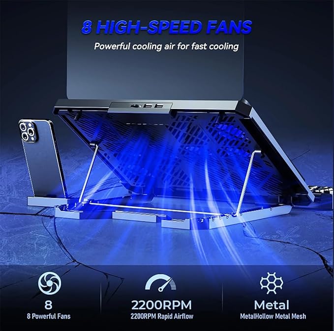 Laptop Cooling pad for Hp x2 10-p012nr 10-p010nr 10-p018wm 10-p020nr 10-p000 Gaming laptops Laptop Cooler with 8 Fan Adjustable Speed 5-Level Height Adjustment Mute SilentBuilt-in Phone Stand