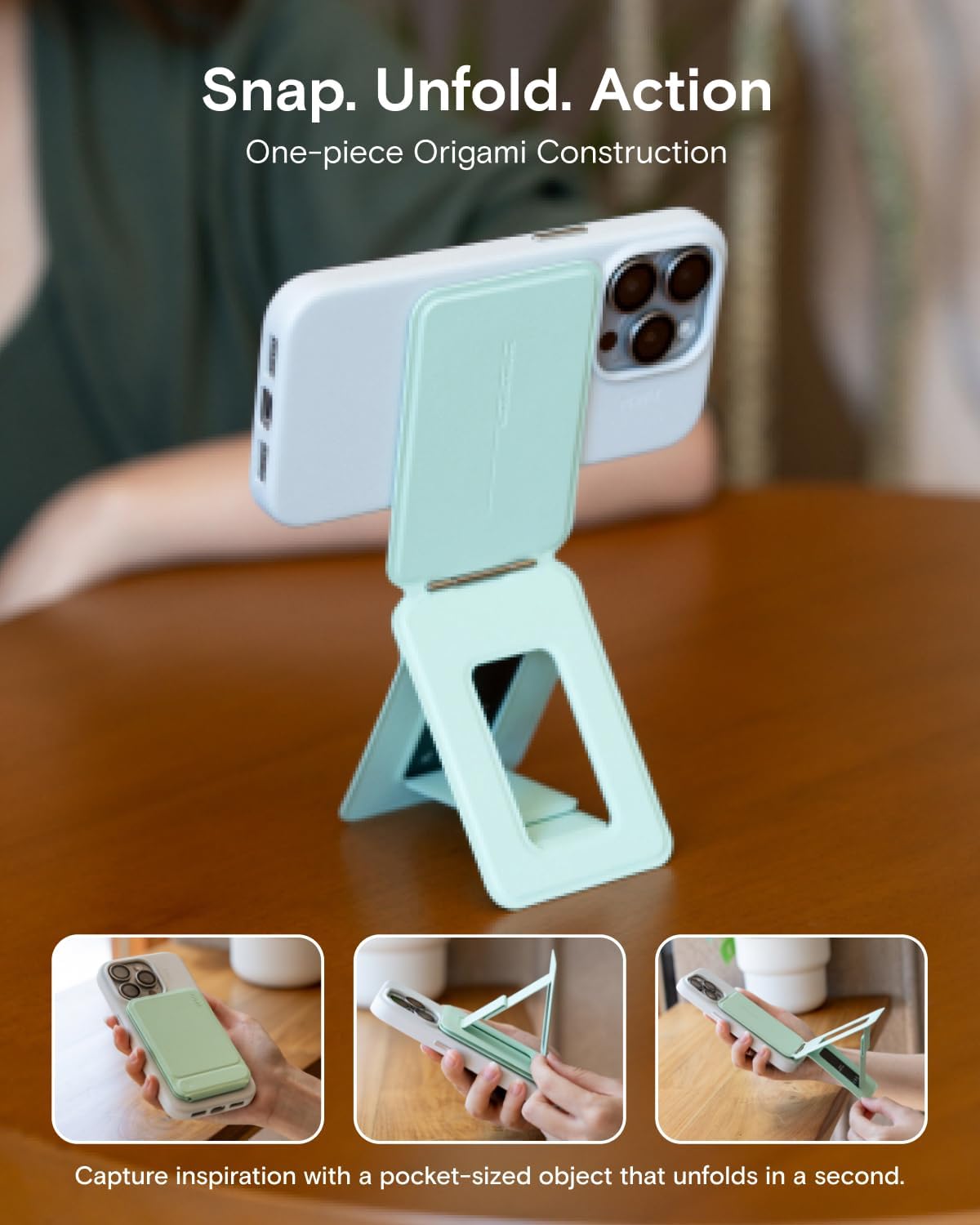 MOFT Phone Stand, Magnetic Phone Tripod Stand Stain-Resistant MOVAS Leather & Angle Adjustment & Strong Magnets Tripod for iPhone 16/15/14/13/12 (Included Metal Ring)-Seafoam