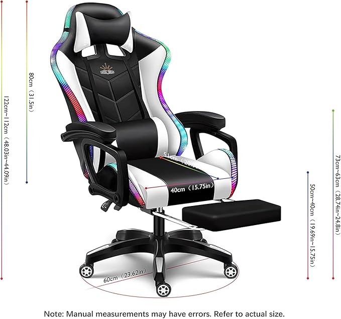 RGB Gaming Chair with Speakers Ergonomic Massage Computer Chair with Footrest Lumbar Support Headrest PU Leather 360°Swivel Recliner Chair High Back Video Game Chair for Adult TeensWhite
