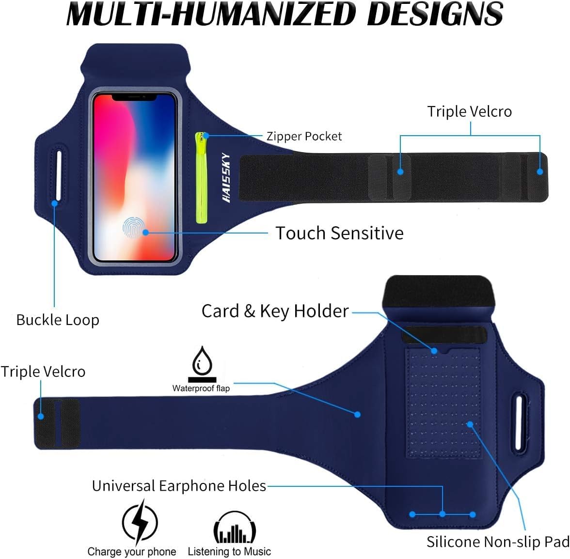 HAISSKY Cell Phone Running Armband with Earbuds Zipper Pocket Armband Case Running Holder for iPhone 15 Pro Max /14/13/ 12/11 Pro Max/XS/XR,Galaxy S20 S10,Sweatproof Arm Band with Card/Key Bag
