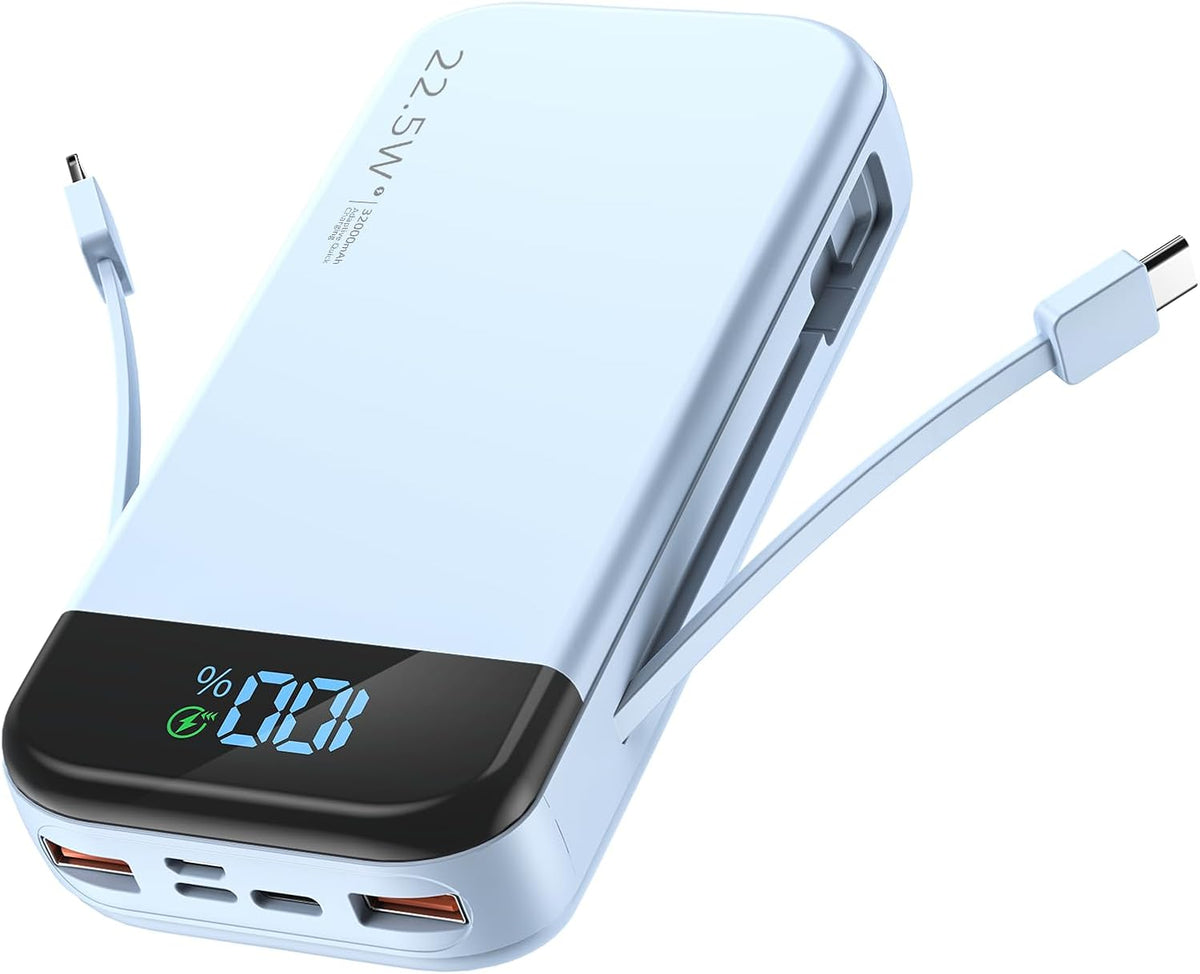 Portable Charger 32000mAh, 22.5W QC 3.0 PD 20W Smart LED Display Fast Charging Built in Cables Power Bank, External Battery Pack Charge 5 Devices Compatible with Cellphones (Blue)
