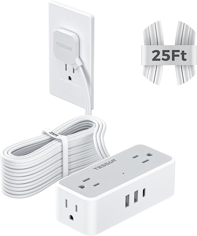 TESSAN Extension Cord 25 FT, Power Strip with 900J Surge Protection, Grey