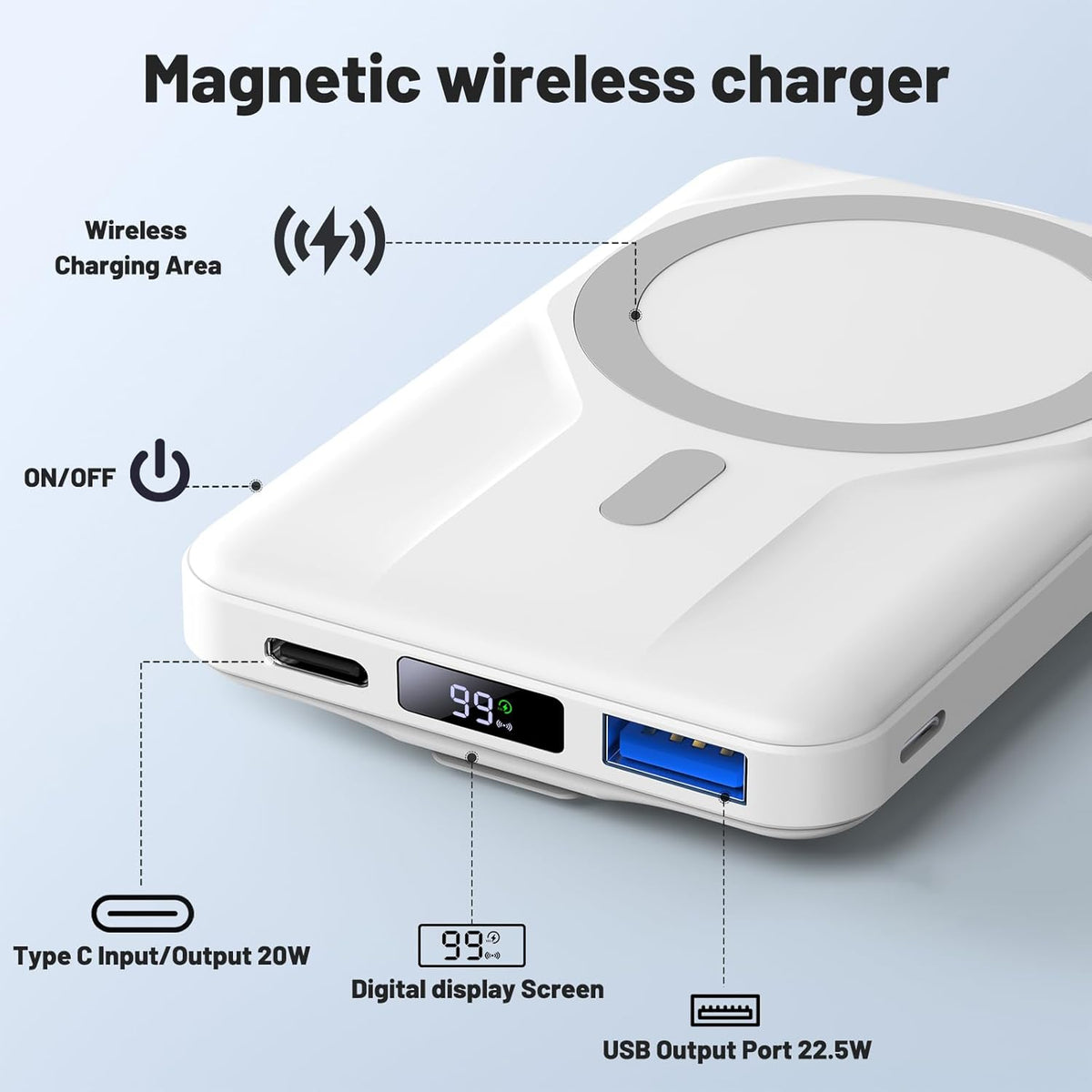 Azmuth Wireless Portable Charger with Stand, Slim 10000mAh Magnetic Power Bank for Magsafe, 22.5W Fast Charging Battery Pack with Digital Display Compatible with iPhone 16/15/14/13/12 Series
