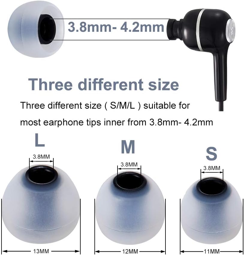 Earbud Tips Soft Silicone Earbuds Replacement Tips Fit for in-Ear Headphones(Inner Hole from 3.8mm - 4.0mm Earphones) 9 Pairs S/M/L,Gray/Black