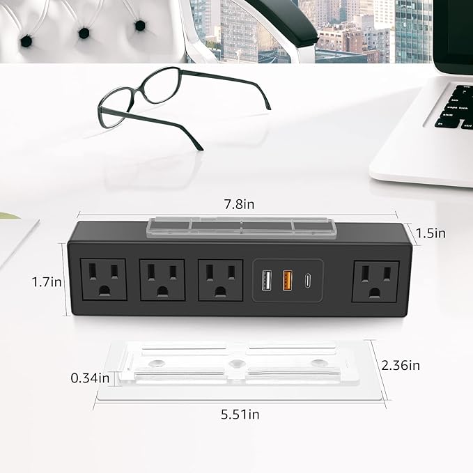 HHSOET Under Desk Power Strip with 3M Adhesive, Removable Under Desktop Mount Plug with Fast Charging USB C and USB A Ports, 4 Outlet Under Table Surge Protector 1200J, 10FT Extension Cord. (Black)