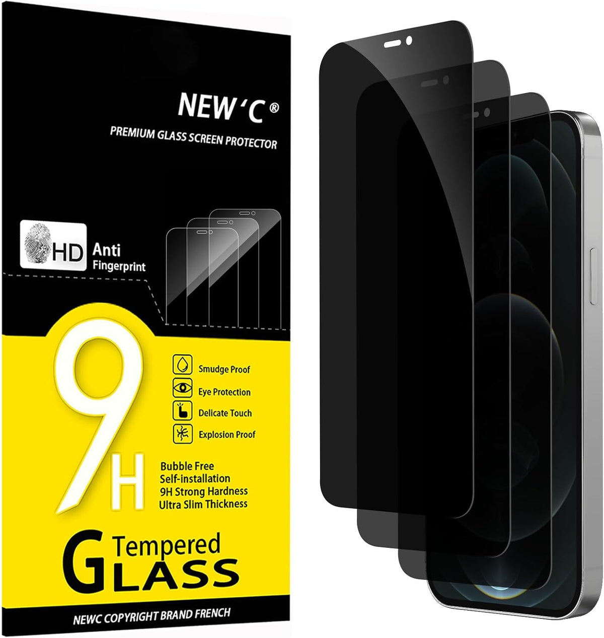 NEW'C 3 Pack Privacy for iPhone 12 Pro Max Screen Protector (6.7"), Enhanced 28-Degree Privacy Angle, Ultra Durable 9H Hardness, Bubble-Free