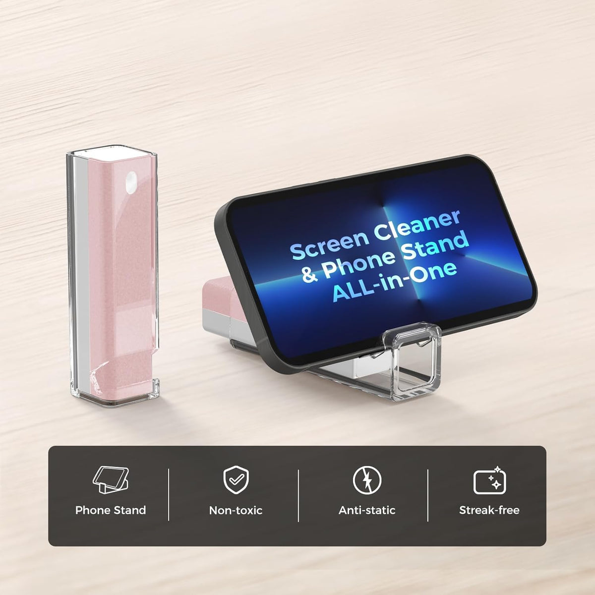 CLICK CLEAN Screen Cleaner, Fingerprint Proof Screen Cleaner Spray, All-in-One Cleaner with Microfiber, Shell and Phone Stand for All Phones, Laptop and Tablet Screens (Pink)