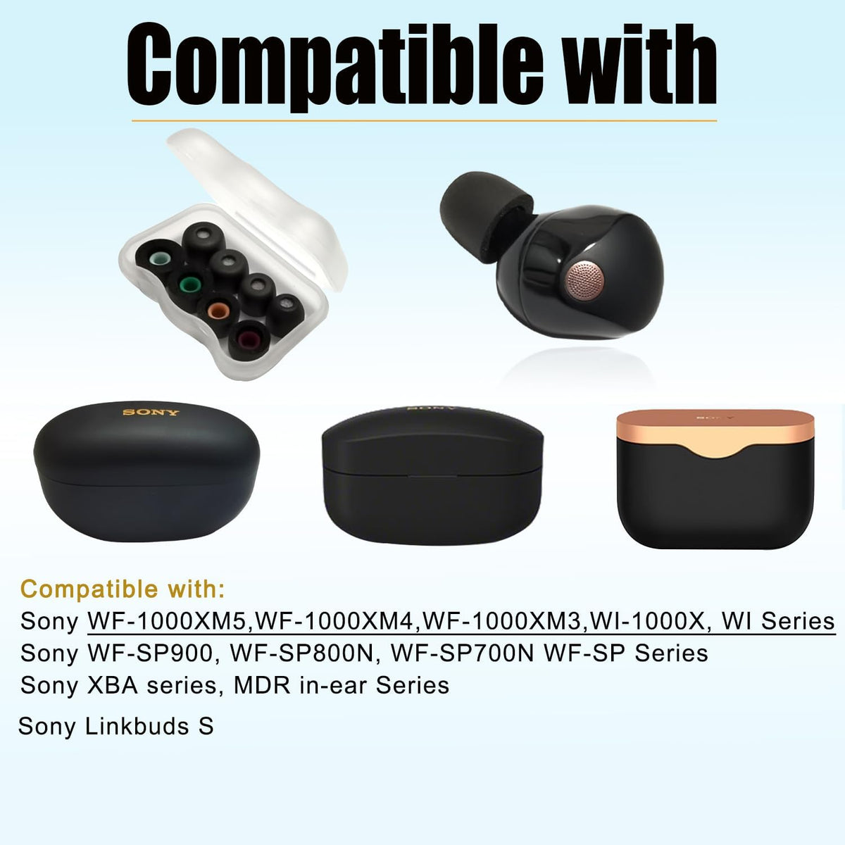 Memory Foam Ear Tips for Sony WF-1000XM5 Filter Screen Earbuds Tips for WF-1000XM5 WF-1000XM4 fit Charging Case, 4 Pairs Black