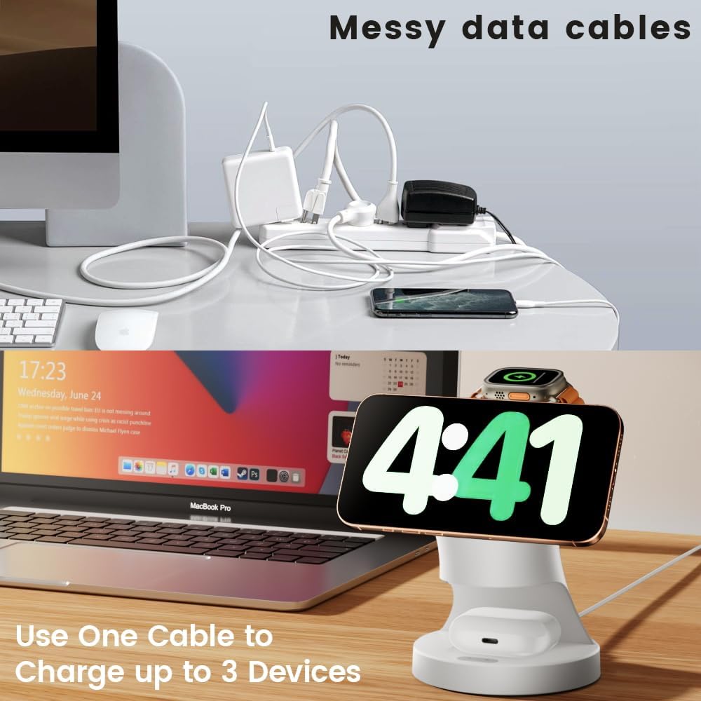 3 in 1 Wireless Charging Station for Apple Devices,Magsafe Charger Stand for IPhone16 15 14 13 12 Pro/Max/Plus/Mini Wireless Charger Station for AirPods 2/3/Pro iWatch Ultra/8/7/SE/6/5/4/3/2 (White)