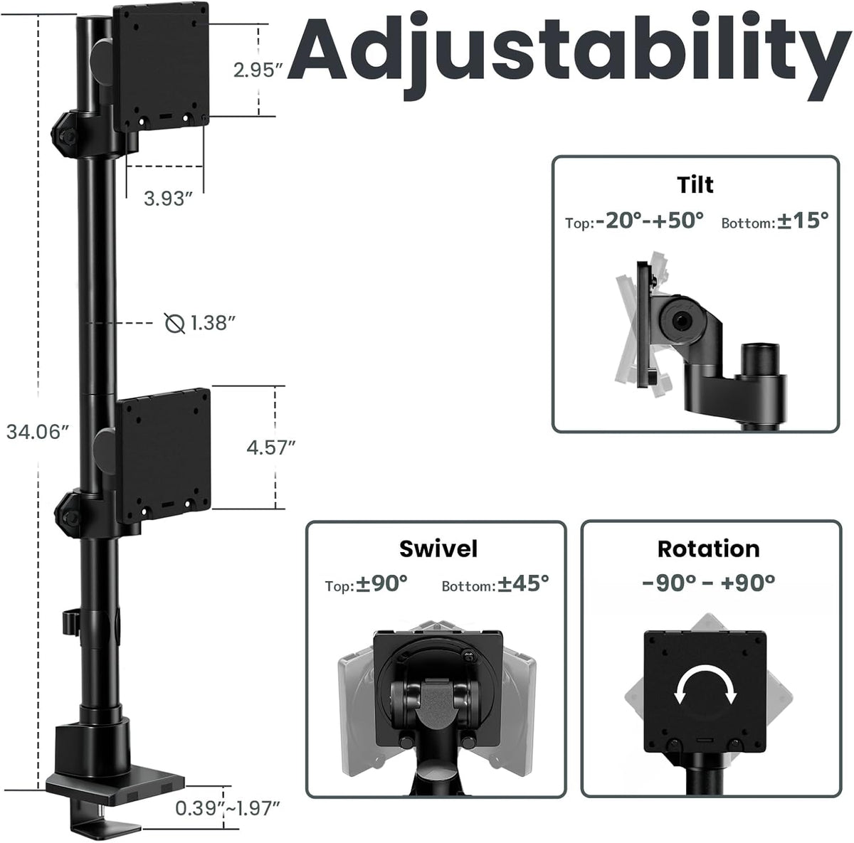 Dual Monitor-Arm Ultrawide Heavy Duty - 24-57 inch Vertical Dual Monitor Mount, Adjustable Stacked Double Monitor Desk Mount Stand, Max Load 59.4 lbs (per Screen), VESA 75 100 mm, Black