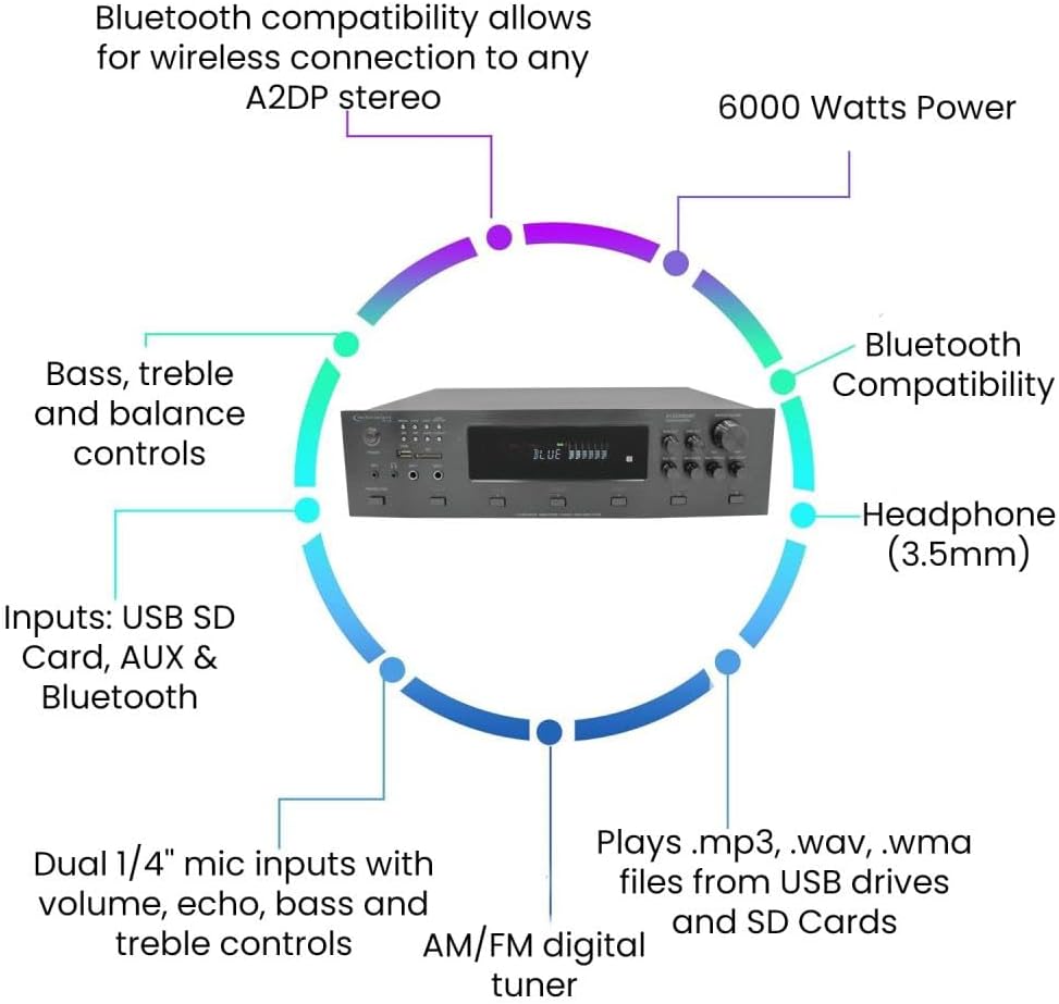 Vaiyer Home Audio System Kit, 6-Channel 6000 Watts Bluetooth Amplifier with 6.5" 10 Qty of 200 W Each Frameless in-Ceiling Speakers & 16 AWG 500 ft Speaker Wire - Perfect for Home, Office, Restaurant