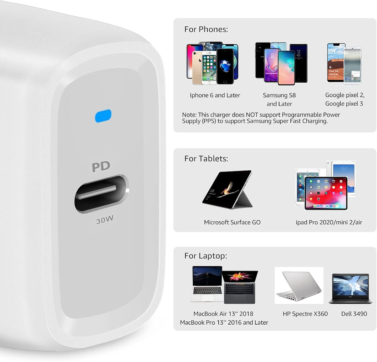 Amazon Basics 30W One-Port GaN USB-C Wall Charger with Power Delivery PD for Tablets & Phones (iPhone 16/15/14/13/12/11/X, iPad, Samsung, and More), Non-PPS, White