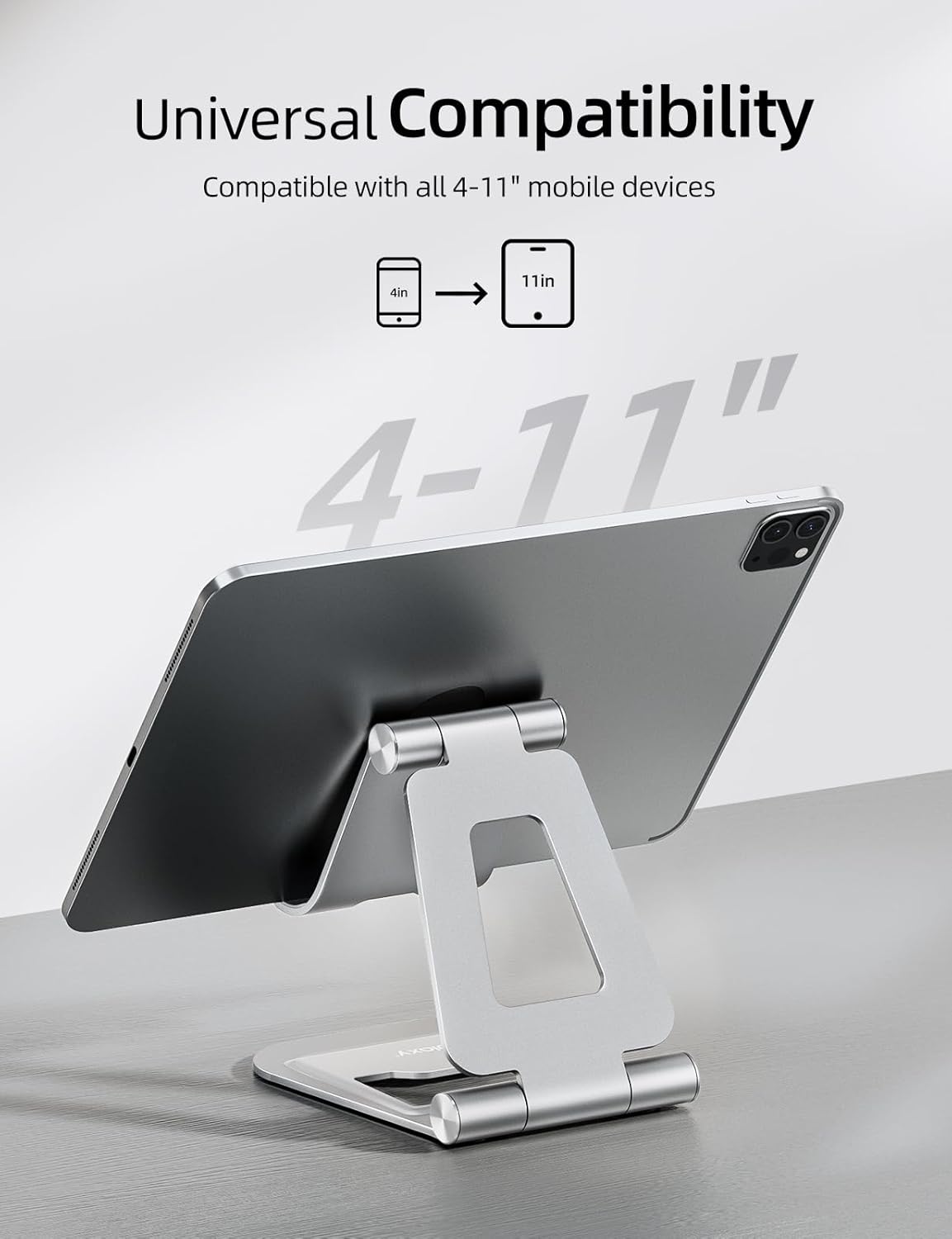 Nulaxy Aluminum Dual Foldable iPad Stand, Fully Adjustable Desktop Tablet Holder, Tablet Accessories for Office Kindle Compatible with Mobile Devices iPad Pro/Air/Mini, iPhone Pro/Max/Plus, Silver