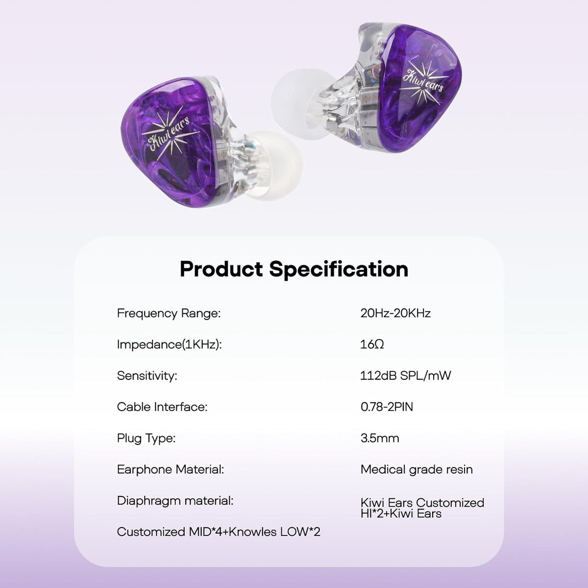 Linsoul Kiwi Ears Orchestra Lite Performance Custom 8BA in-Ear Monitor IEM with Detachable 4-core 7N Oxygen-Free Copper OFC Cable, Handcrafts Faceplate for Audiophile Studio Musician (Purple)