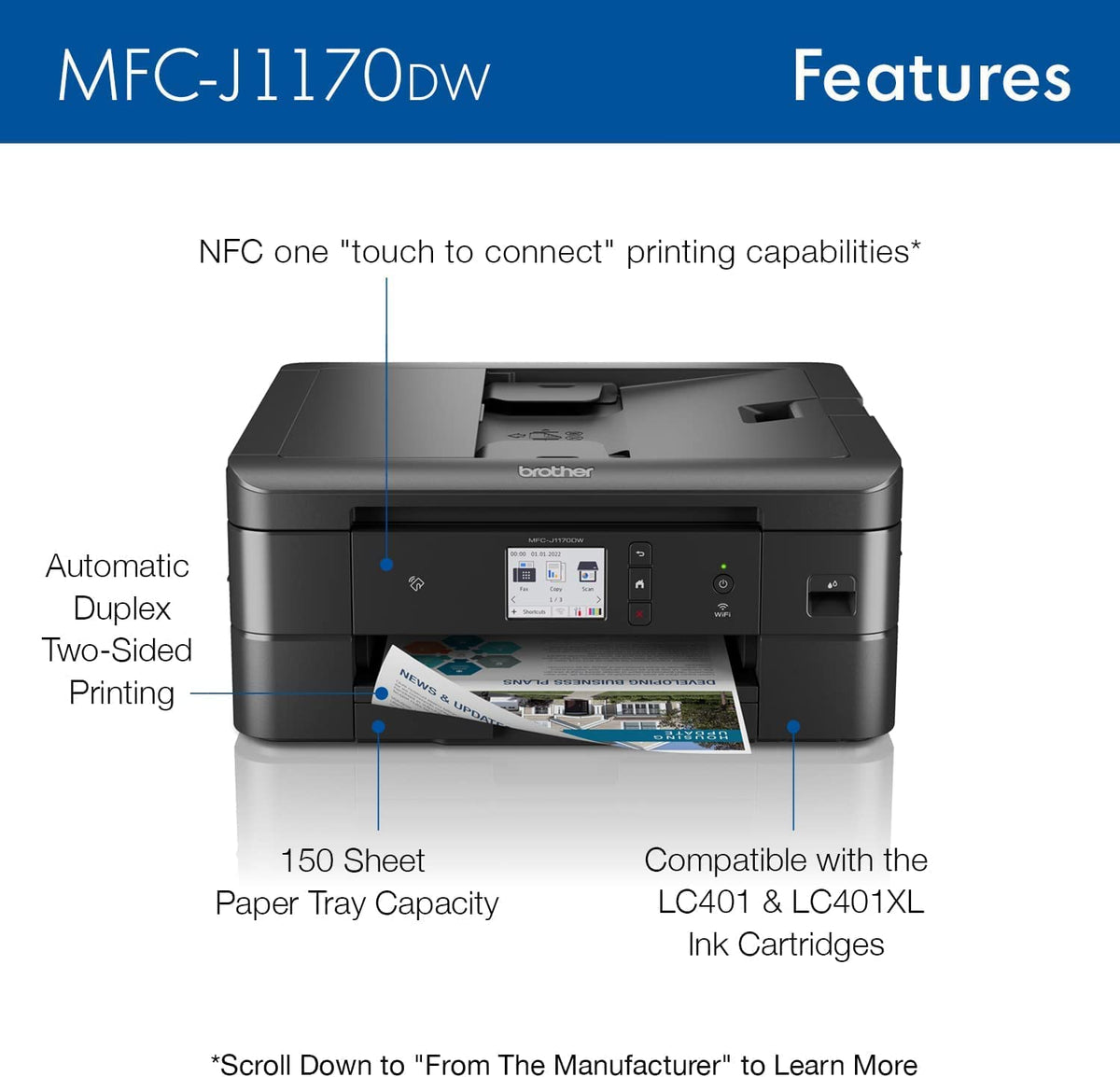 Brother MFC-J1170DW Wireless Color Inkjet All-in-One Printer with Mobile Device Printing, NFC, Cloud Printing & Scanning, Refresh Subscription