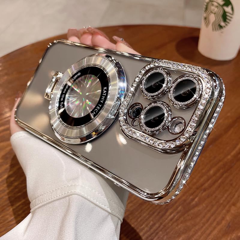 Magnetic Kickstand (Glitter Lens Protector ) Case for iPhone 16 15 14 13 Pro Max (Compatible with Magsafe ) Sparkling Diamond Cover Glitter Shiny Rhinestone Cases (Silver,for iPhone 16 Pro Max)