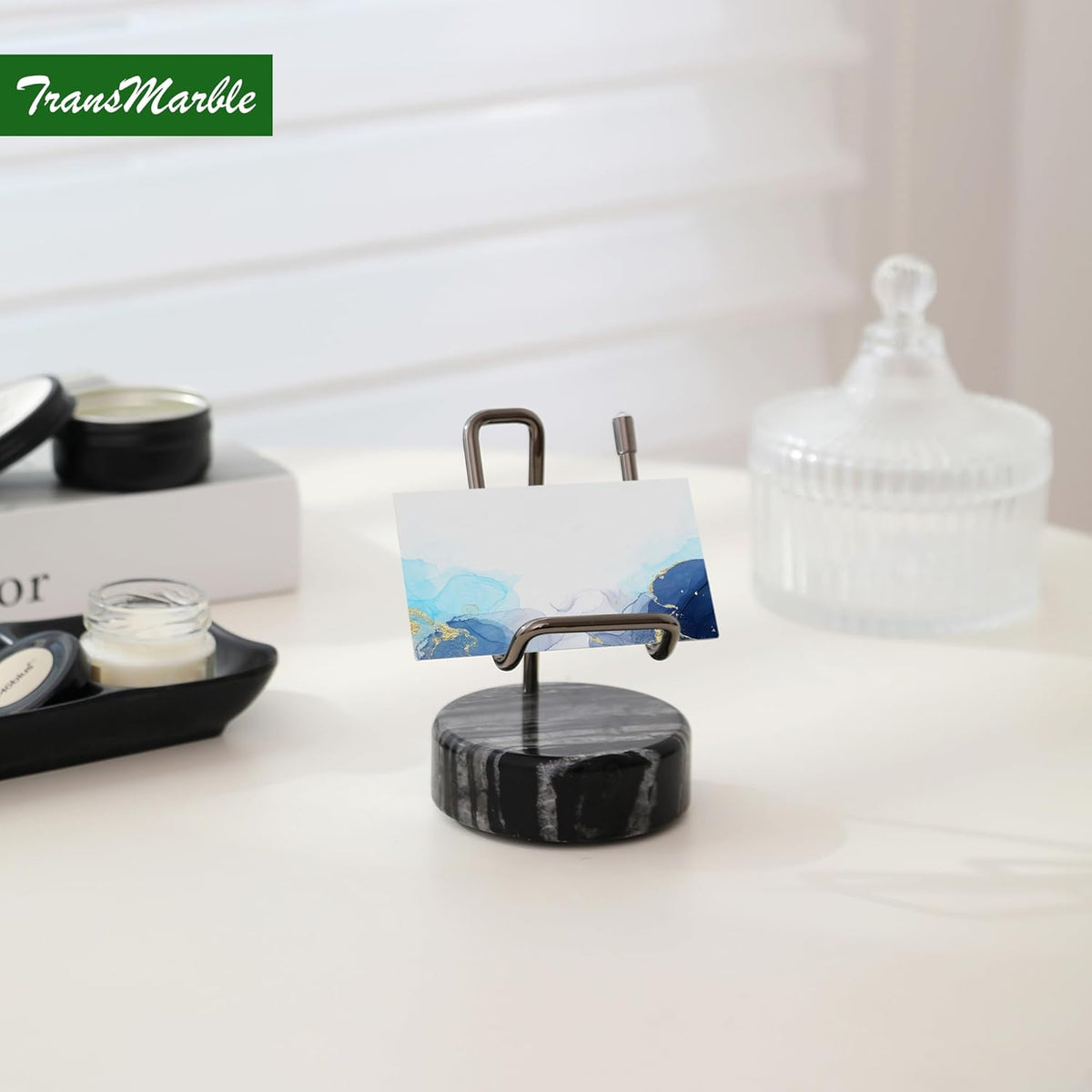 Marble Phone Stand with Metal Holder, Charging Available While Using, Swipe Up to Unlock, Made of Natural Marble as Business Card Holder for Office Desk (Wooden Black + Black)