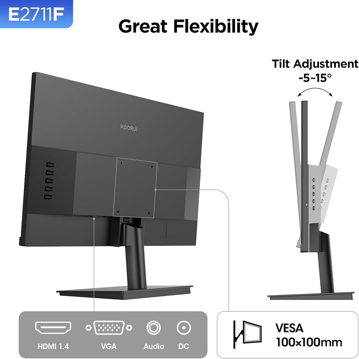 KOORUI 27 Inch Monitor, Full HD 1080P 100Hz Computer Monitor, IPS Display, HDMI, VGA, 4ms Response Time, 100 x 100 mm VESA Mountable, Frameless, Ergonomic Tilt, Black
