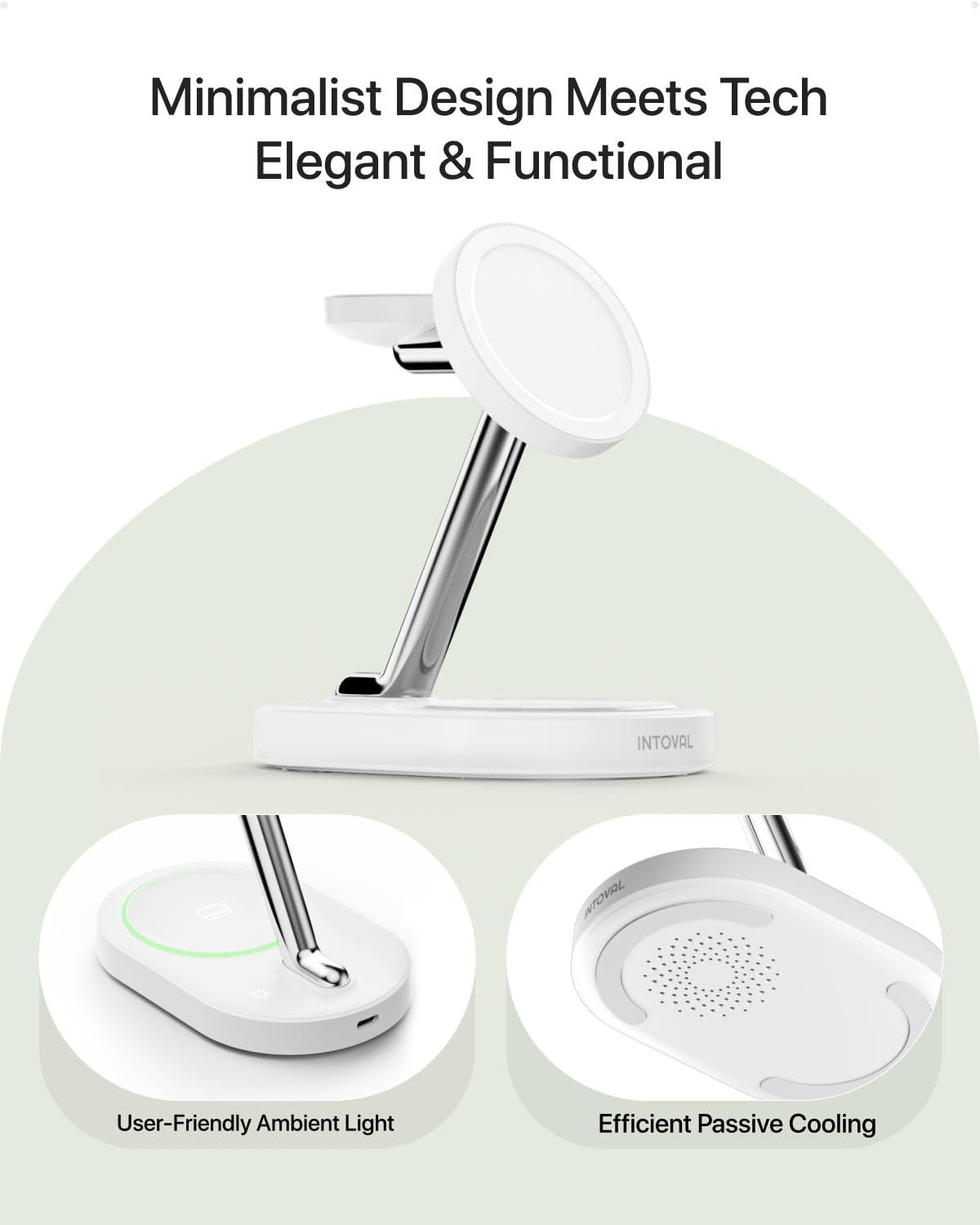 Intoval Fast Charging Station for Magsafe Apple Devices, Wireless Charger for MagSafe iPhones, 3 in 1 Magnetic Charger Stand for iPhone16/15/14/13, Apple Watch & AirPods.(White)
