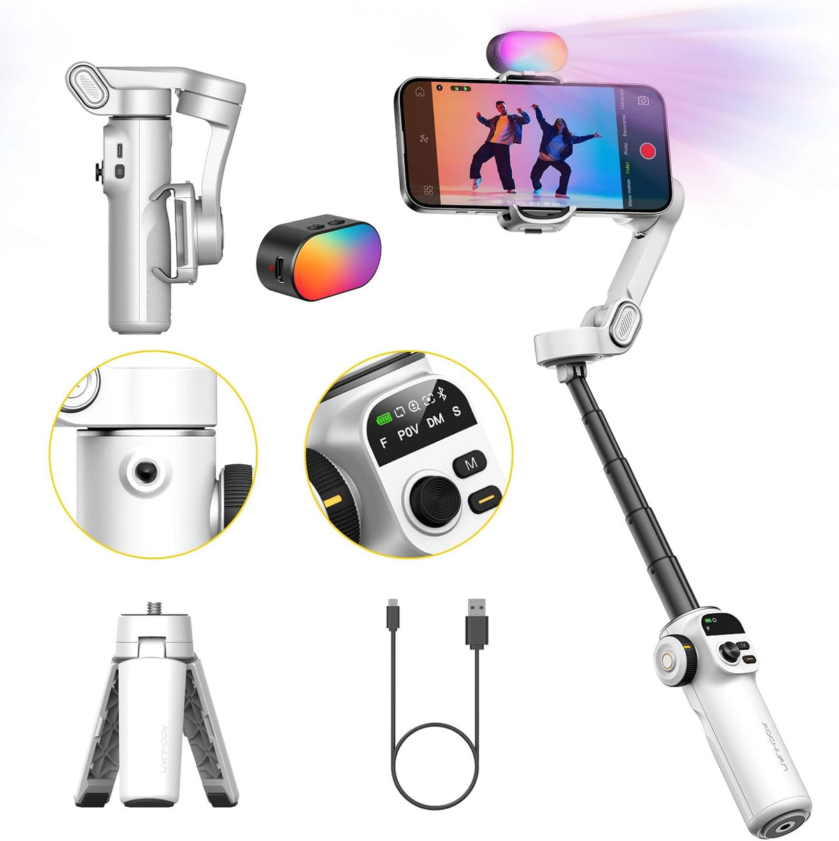 Gimbal Stabilizer for iPhone w/RGB Magnetic Fill Light, Foldable Gimbal w/7.8' Extension Rod & OLED Display for Vlogging & Filmmaking, Compatible with iPhone 16/15 Pro Max-Smart X2 Kit White