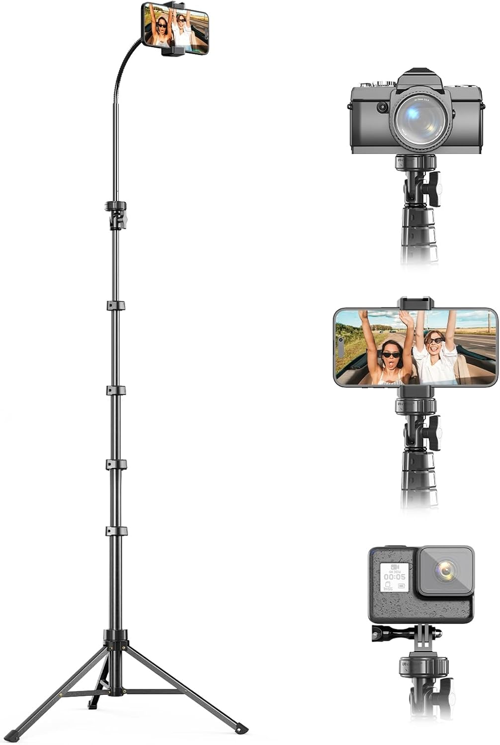 UBeesize 88’’ Flexible Phone Tripod with 14.95’’ Gooseneck, Remote and Phone Holder, Overhead Cell Phone Stand＆Selfie Stick for Video Recording, Compatible with iPhone Android Phone, Camera Black