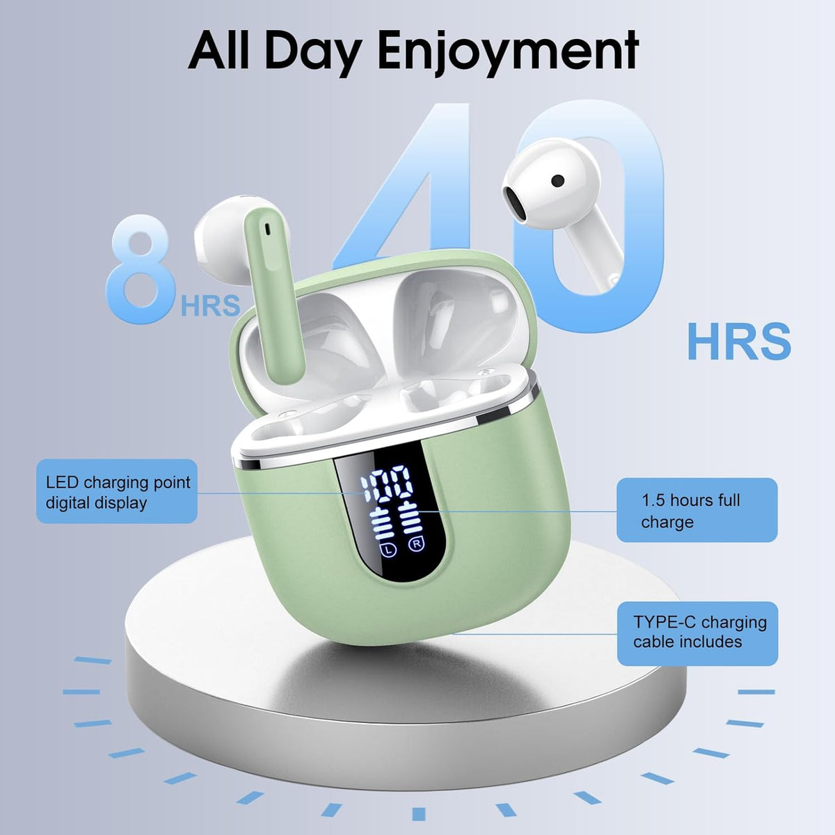 Wireless Earbuds, Bluetooth 5.4 Headphones with 3D Bass Stereo, 40H Ultralight in-Ear Buds, Bluetooth Earbuds with 4 ENC Noise Cancelling Mic, USB-C, IP7 Waterproof Earphones for Android iOS, Green