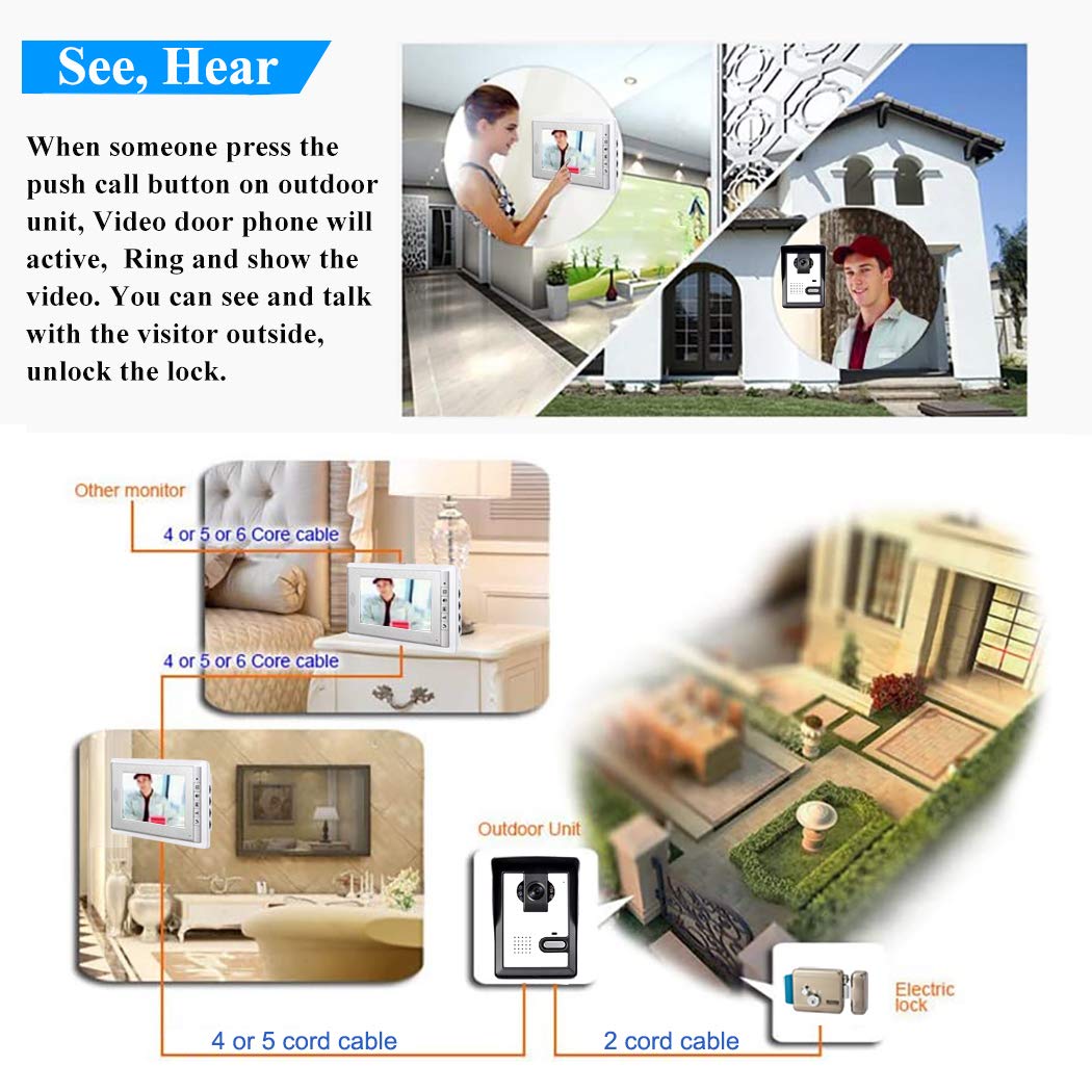 AMOCAM Wired Video Intercom Doorbell System 7 Inches LCD Monitor Video Door Phone Kits Support Monitoring,Unlock,Dual-Way Door Intercom for Villa