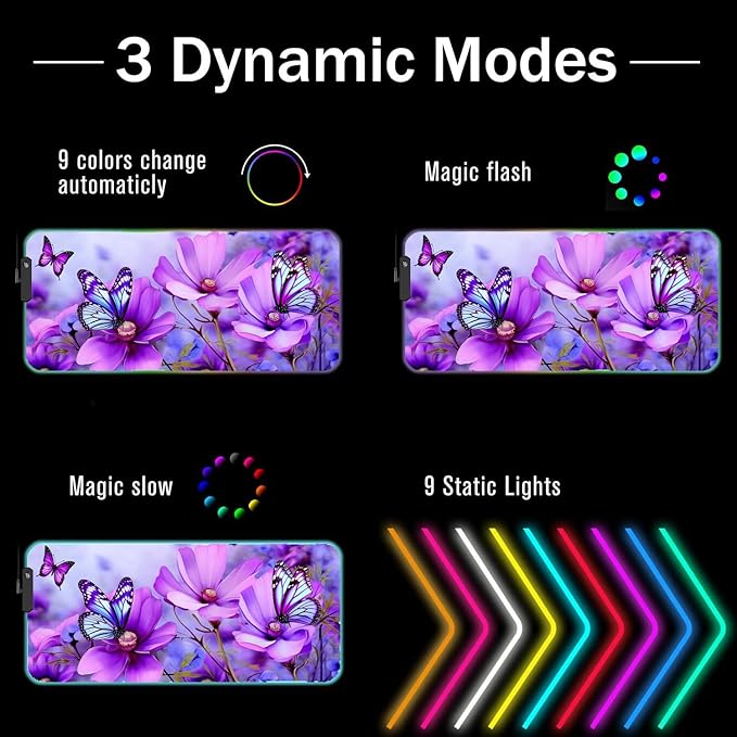 RGB Gaming Mouse Pad and Coffee Coaster XXL Large Glowing LED Mousepad Anti-Slip Rubber Base Computer Keyboard Desk Mouse Mat 31.5 X 11.8 Inch - Purple Flowers and Butterfly