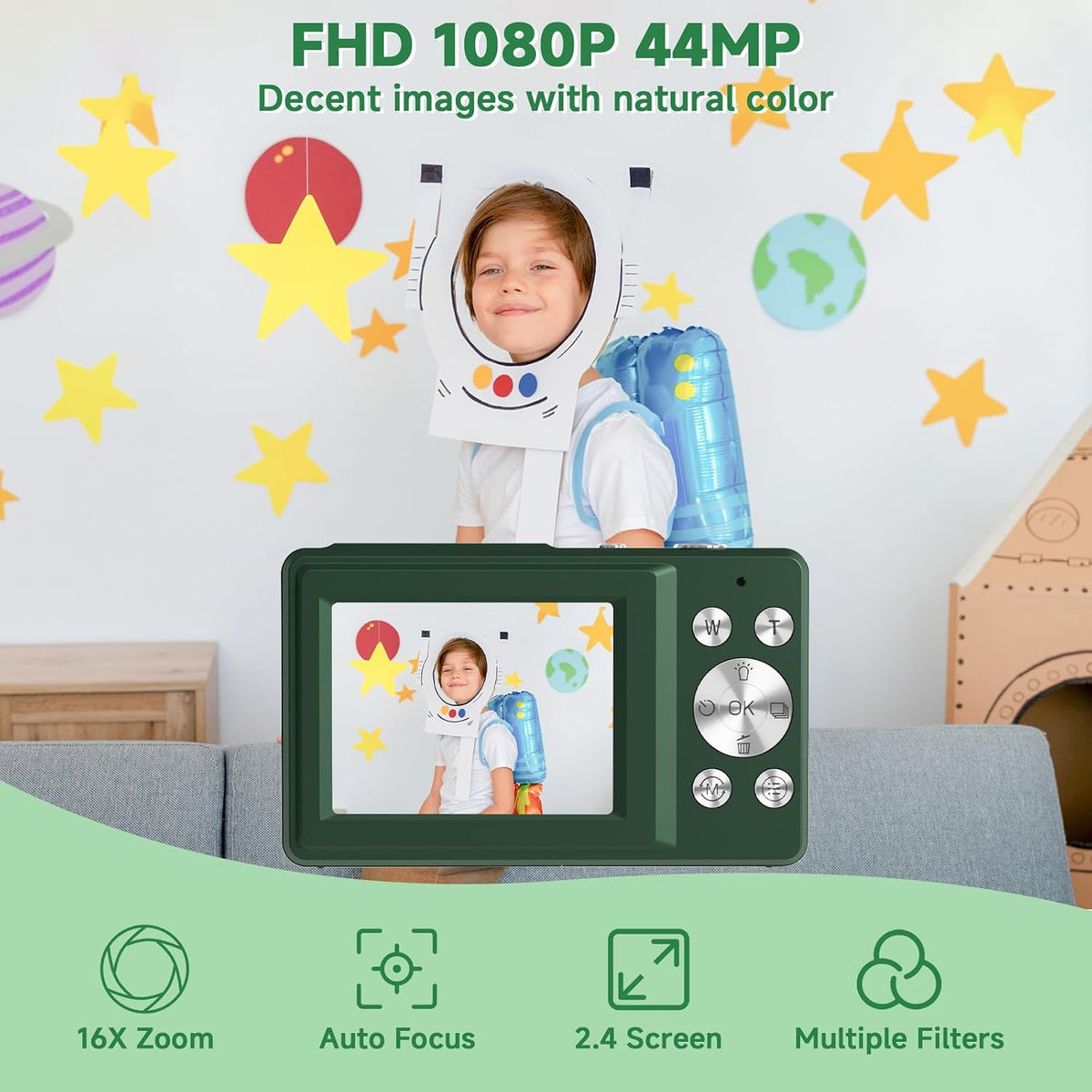 Gtonster 44MP 1080P 16X Digital Camera, Compact Camera, FHD Point and Shoot Digital Cameras with Zoom, Face Detect