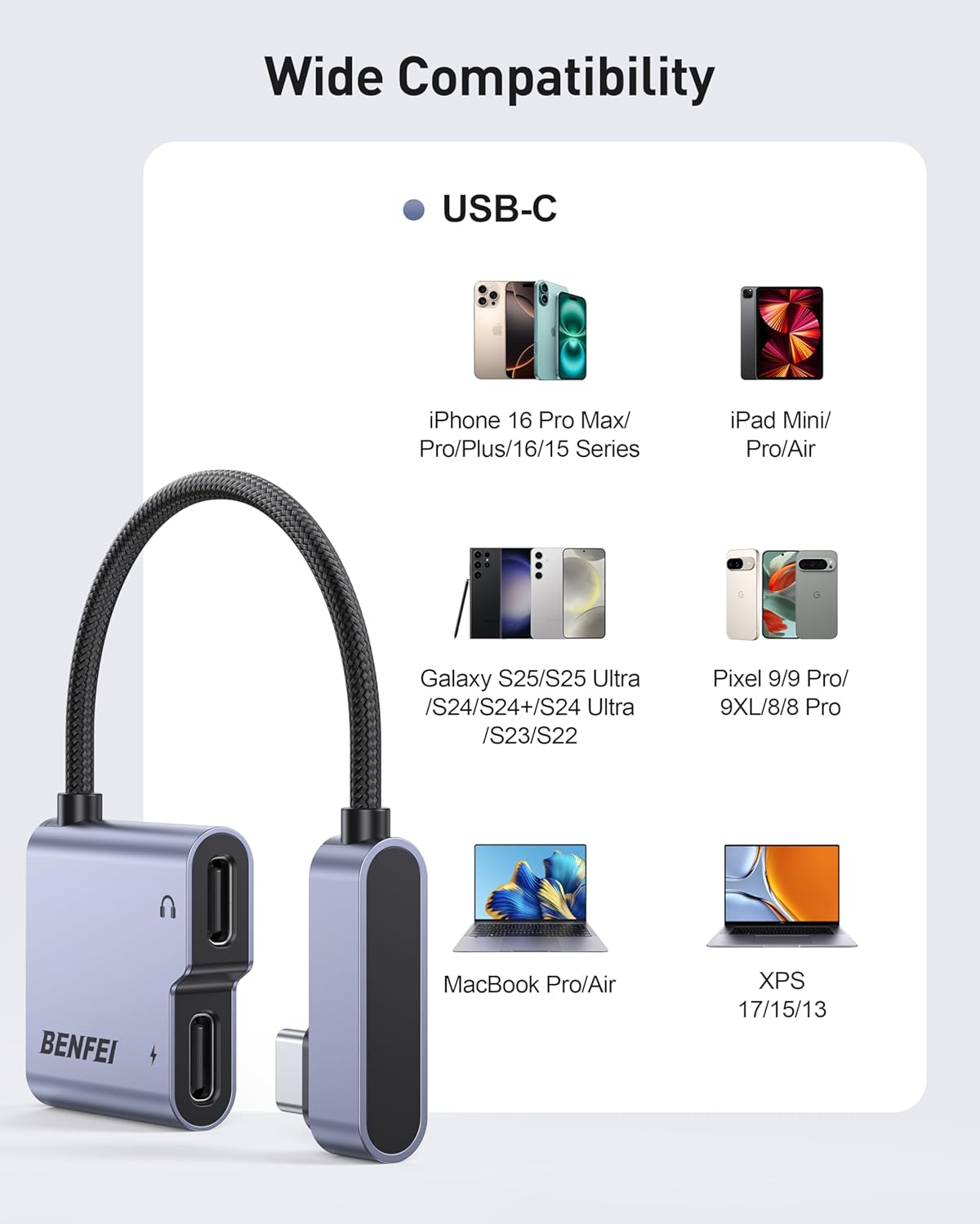 BENFEI USB C Splitter 1 in 2 Out Dual USB C Audio Jack Adapter with 60W Fast Charging, Type C Audio Headphone Compatible with iPhone 16/16 Pro/Pro Max, Samsung Galaxy S25/S24/S23 iPad Pro, Pixel 9