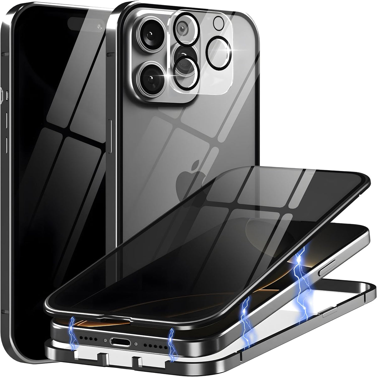 Privacy Magnetic Case for iPhone 16 Plus with Metal Titanium Frame Privacy Screen Protector & Camera Lens Protector, Magnetic Adsorption Double Sided Glass Case Anti Peep Anti Spy Phone Cover