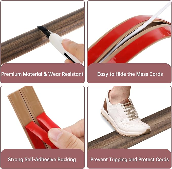Floor Cord Cover Self Adhesive Cord Hider Floor Extension Cord Covers for Floor Power Cord Protector Cable Management Prevent Cable Trips Cable Cavity 0.51" W x 0.31" H (Smoked Brown Wood, 20Ft)