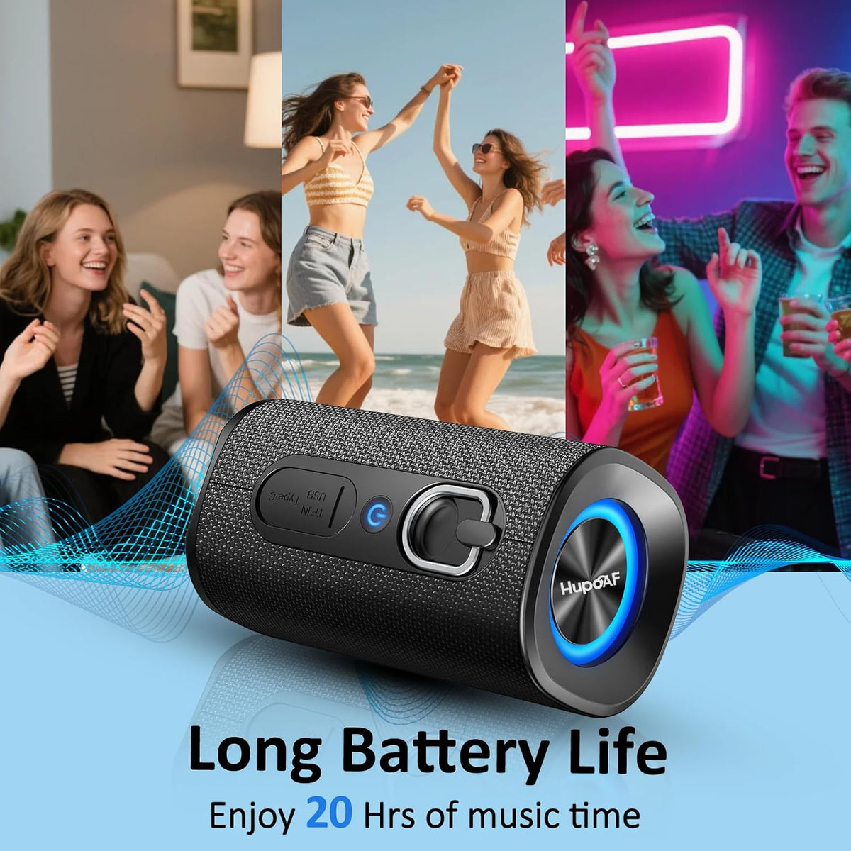 Hupoaf 2026 BT5.4 20W 3D-Stereo IP-X7 Bluetooth Speaker, Wireless Bluetooth Speaker with Deep Bass, HD Call, Colorful