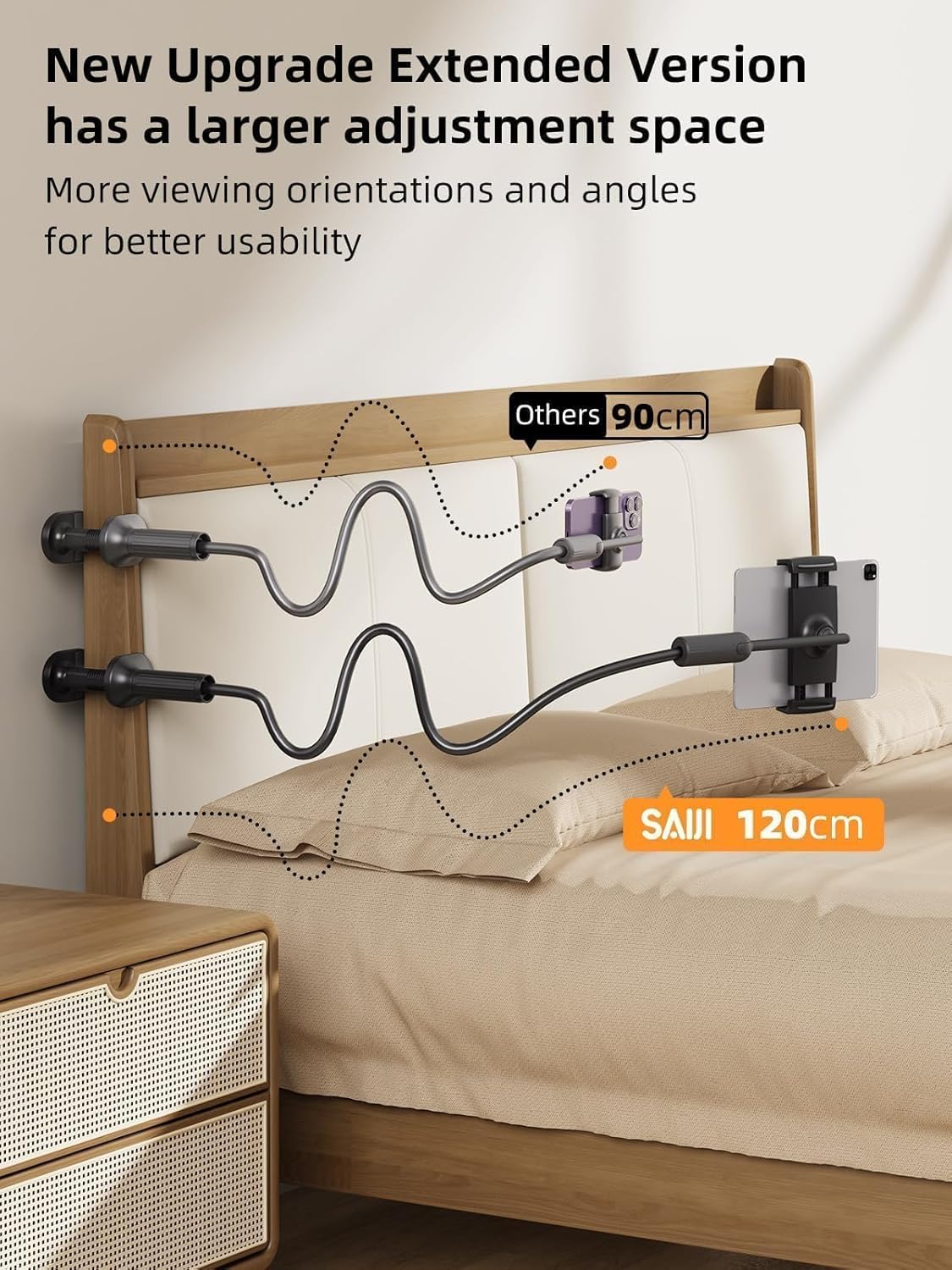 SAIJI 47" Gooseneck Kindle Holder, Tablet Holder for Bed with Upgraded Base, iPad Stand with Flexible Lazy Arm, Compatible with iPad/iPhone/Kindle/Switch or Other 4.7-13" Device (Black)