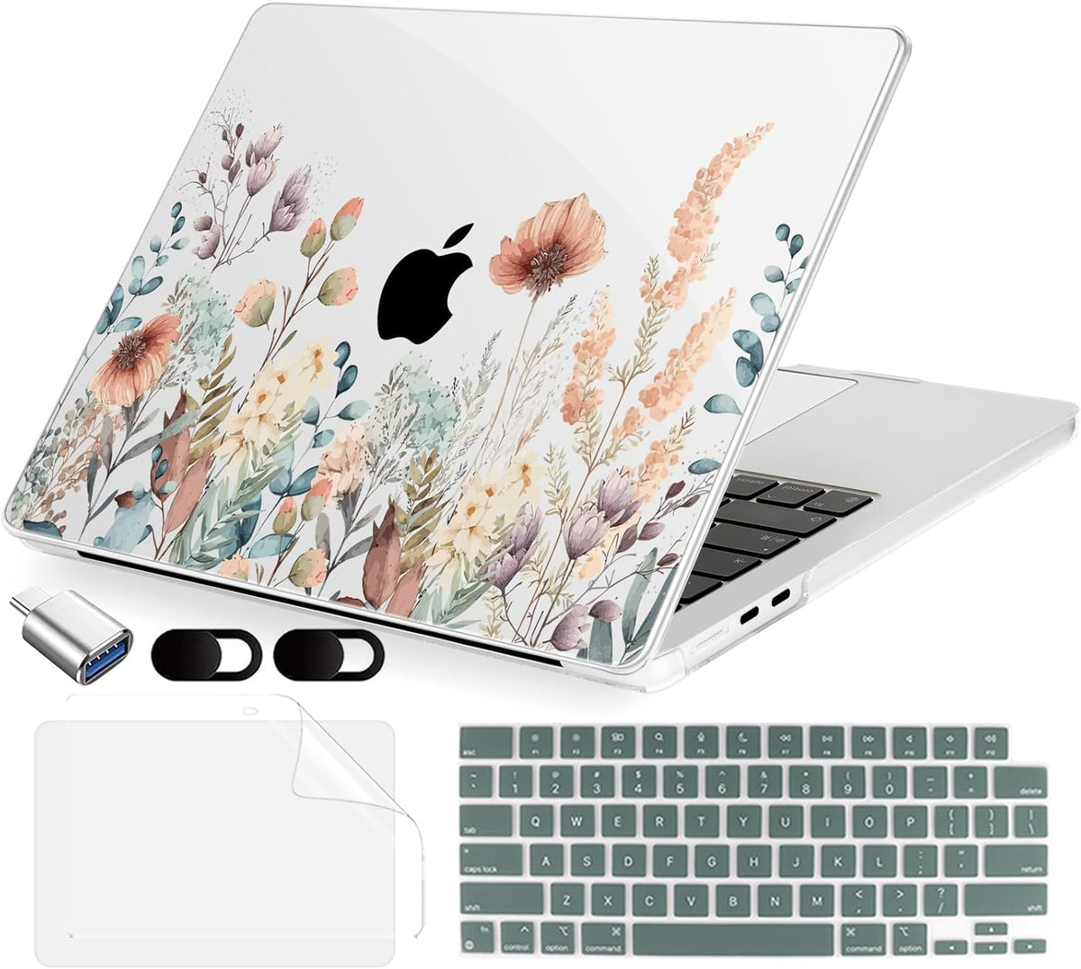 Compatible with MacBook Air 15 inch Case, M4 A3241/M3 A3114/M2 A2941 (Released 2025 to 2023), Hard Shell, Keyboard Cover, Screen Protector, Webcam Cover & Type-C Adapter, Abstract Flower