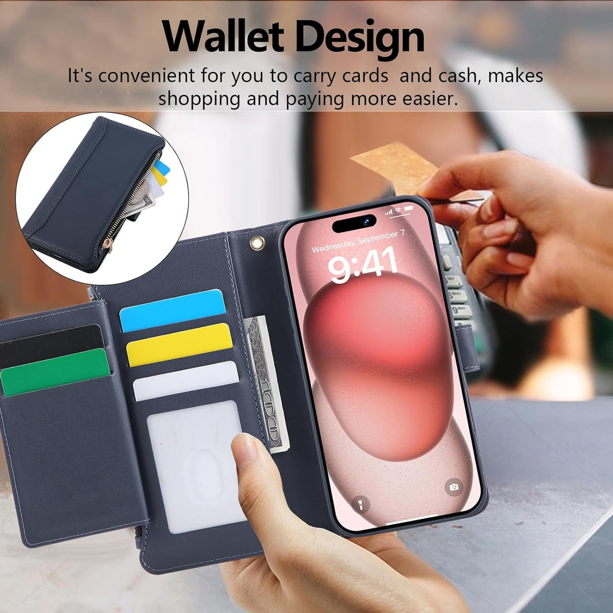 Compatible with iPhone 15 Wallet Phone Case-PU Leather Magnetic Flip Cover with Credit Card Slots,Zipper Pocket & Detachable Wrist Strap,Shockproof Design,for Women and Men-Navy Blue
