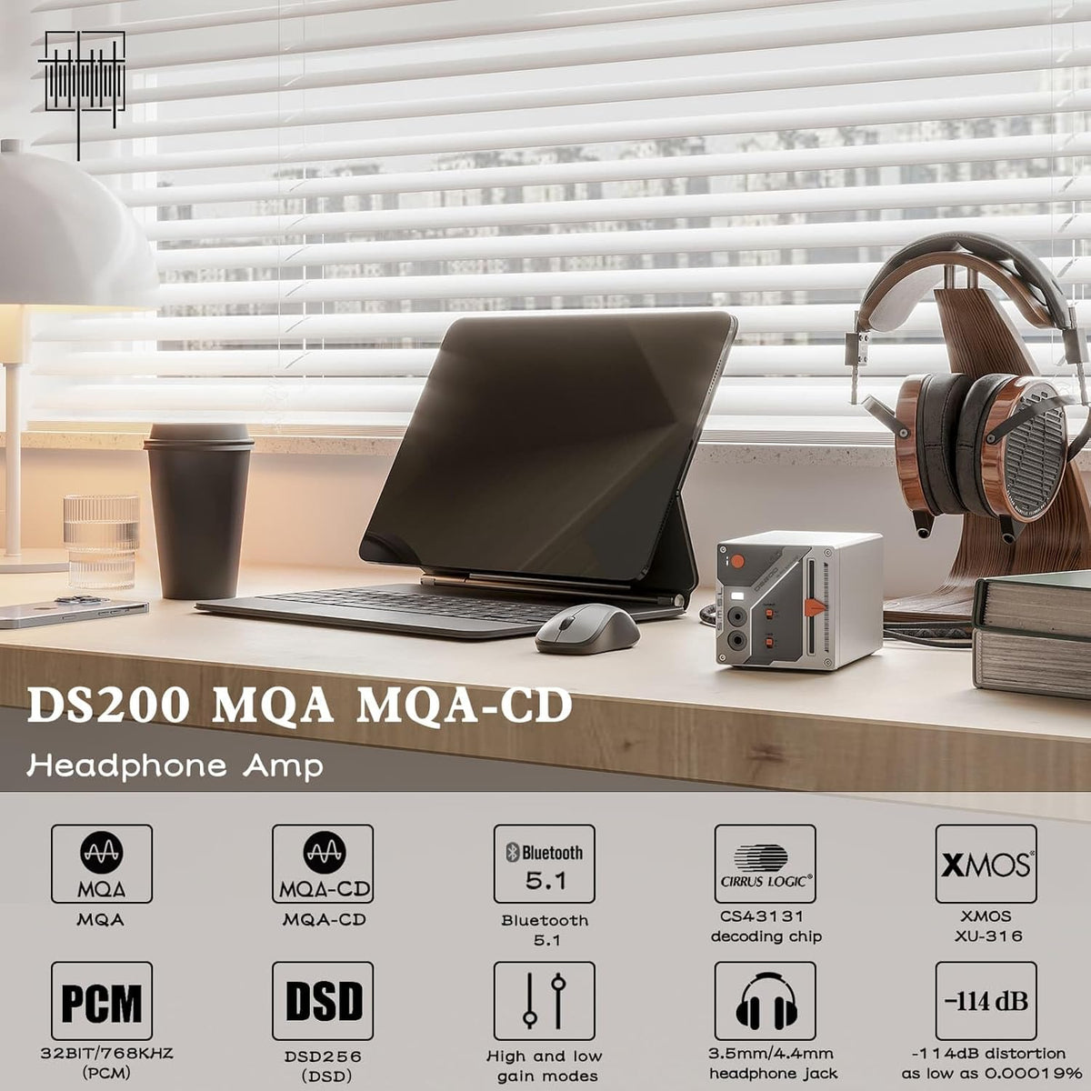 SMSL DS200 Headphone Amp DAC Bluetooth 5.1 Dual CS43131 Chip DAC Amp 3.5mm/4.4mm Balanced HP MQA/MQA-CD Full Decoder XMOS XU-316 32bit/768kHz DSD256 USB/Optical/Coaxial Input for PC Home Audio DAC