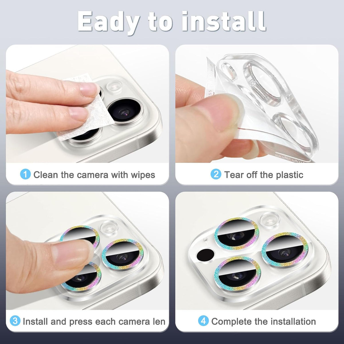 LucBuy 3PCS Sparkling Camera Lens Protector for iPhone 12 Pro Max, Full Clear Acrylic Cover with Shiny Colorful Glitter Designed Decoration Back Camera Protector