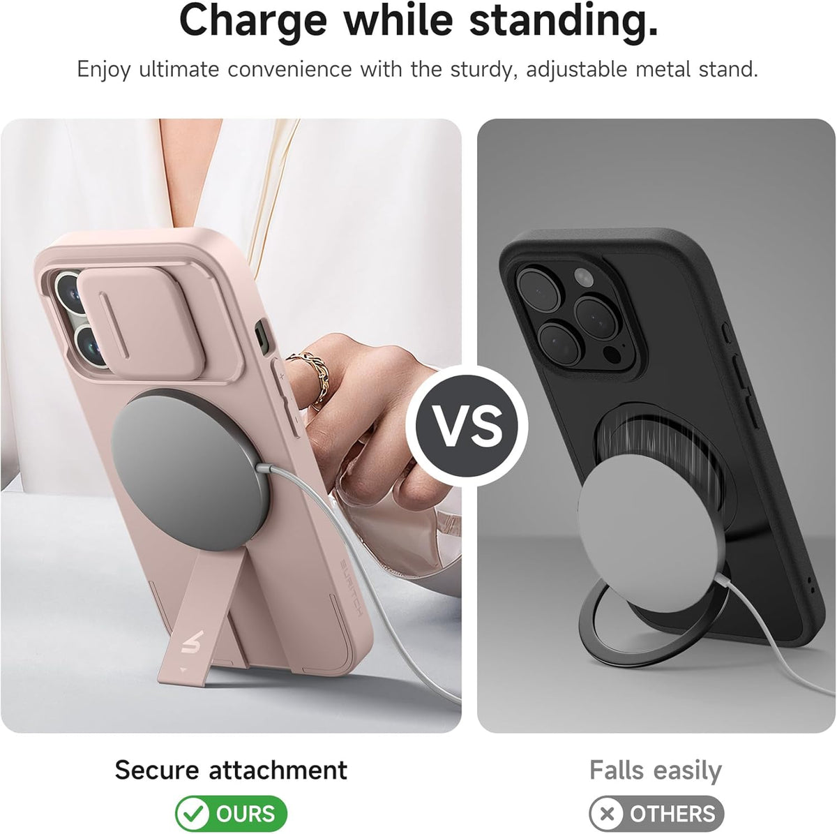 SURITCH for iPhone 13 Pro Case with Magnetic Camera Slide Cover and Adjustable Kickstand, Compatible with MagSafe, Shockproof Bumper Case Slim Protective Cover for iPhone 13 Pro 6.1 Inch, Pink